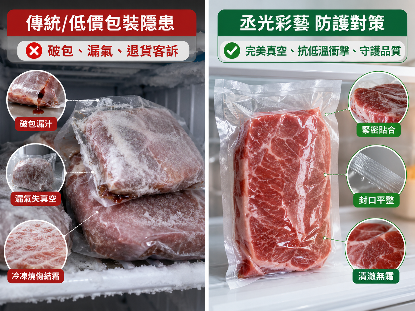 冷凍食品包裝破包漏氣結霜痛點與真空防護對比